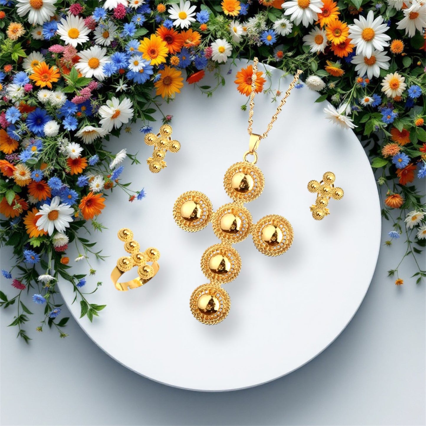 Ethiopian and Eritrean Habeshan Cross Pendant Chain Earrings Ring Gold Color Jewelry Set