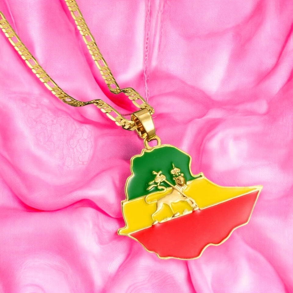 Ethiopian Flag & map; Lion Map Pendant Necklace