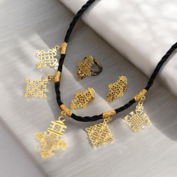 Habeshan Cross Pendant Black Rope Earrings Ring Sets