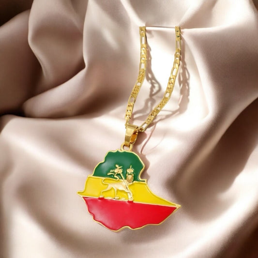 Ethiopian Flag & map; Lion Map Pendant Necklace
