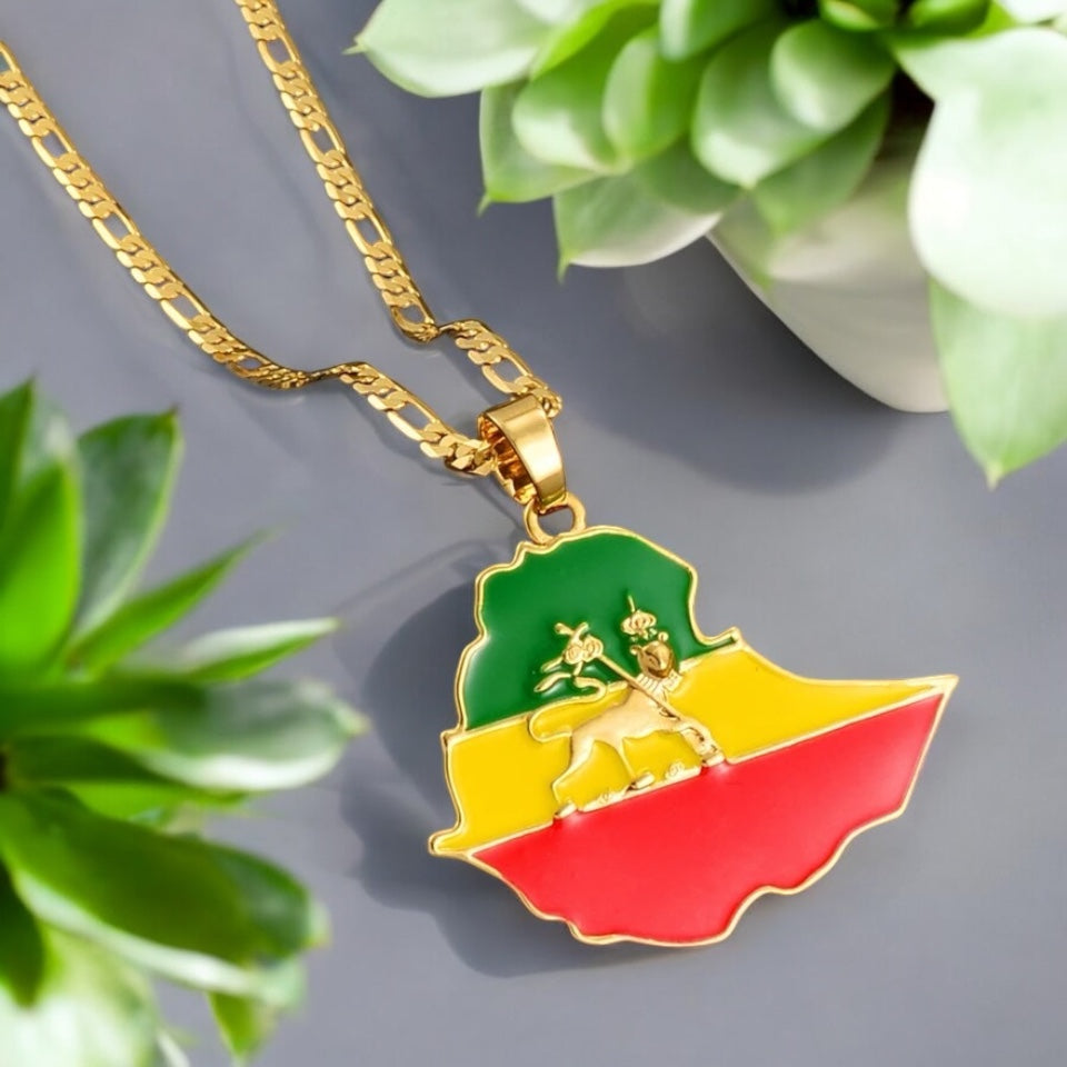 Ethiopian Flag & map; Lion Map Pendant Necklace