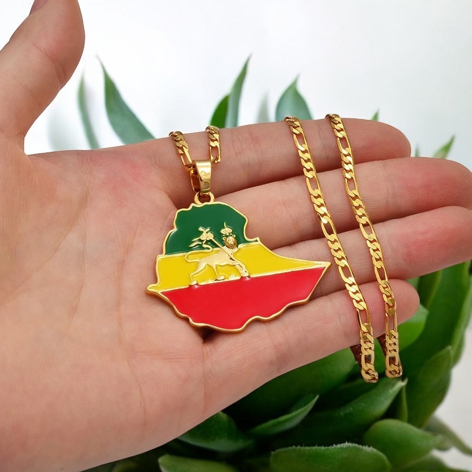 Ethiopian Flag & map; Lion Map Pendant Necklace