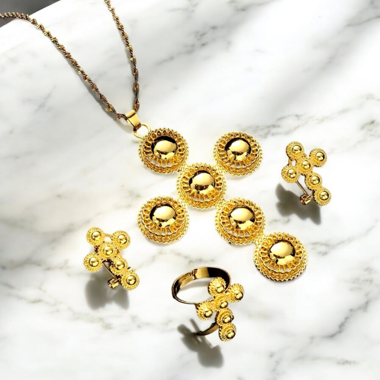 Ethiopian and Eritrean Habeshan Cross Pendant Chain Earrings Ring Gold Color Jewelry Set