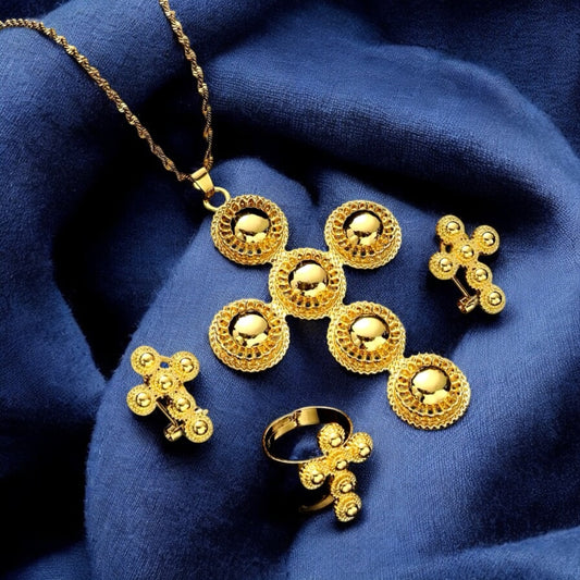 Ethiopian and Eritrean Habeshan Cross Pendant Chain Earrings Ring Gold Color Jewelry Set
