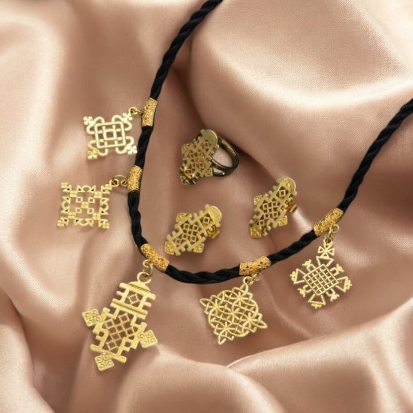 Habeshan Cross Pendant Black Rope Earrings Ring Sets