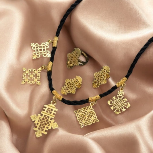 Habeshan Cross Pendant Black Rope Earrings Ring Sets