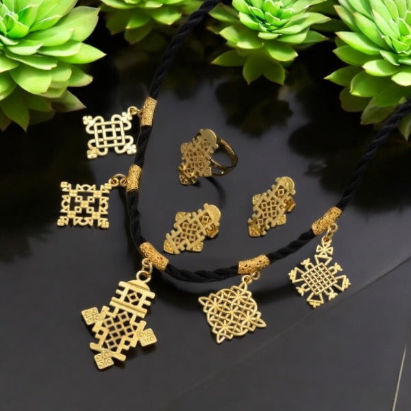 Habeshan Cross Pendant Black Rope Earrings Ring Sets